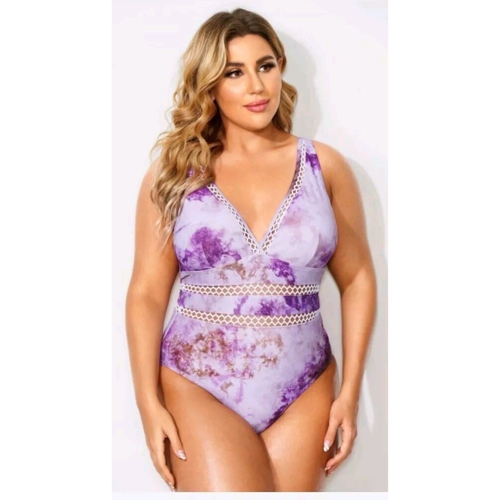 MeetCurve Purple Tie Dye Lattice One Piece Swimsuit Plus Size 4XL New